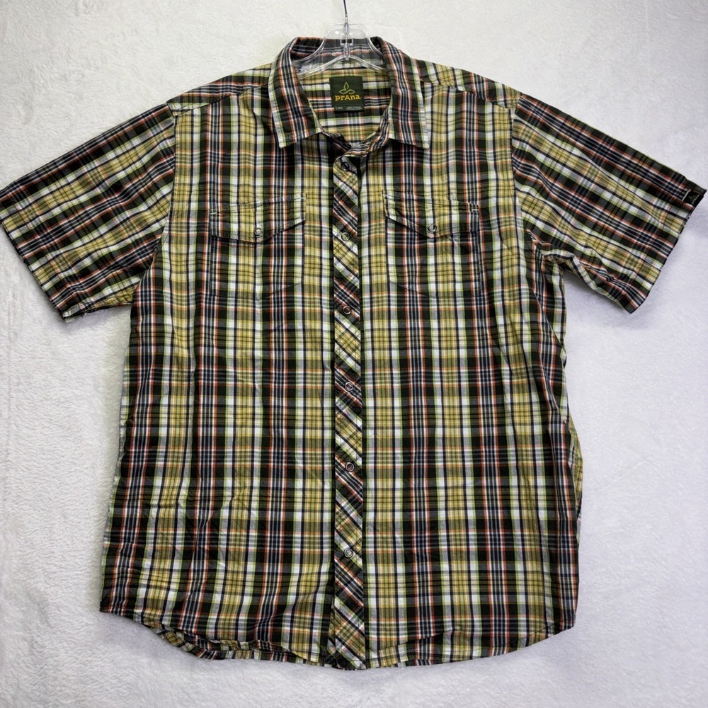 PRANA Mens Brown/Green Plaid Western Snaps Short Sleeve Shirt L